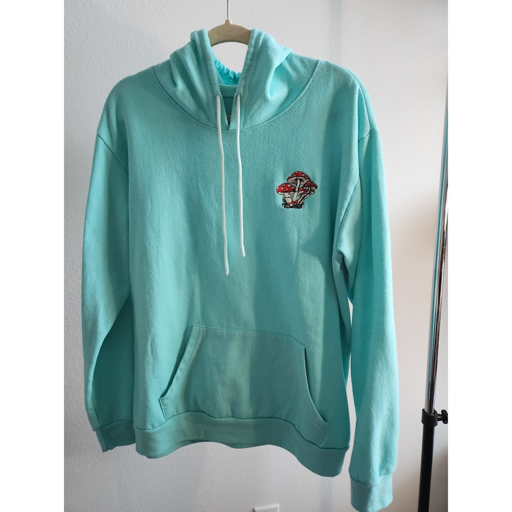 Vibes Mushroom Embroidered Hoodie Turquoise Pullover Size L